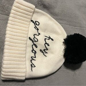 White Knit Beanie with Black Pom Pom